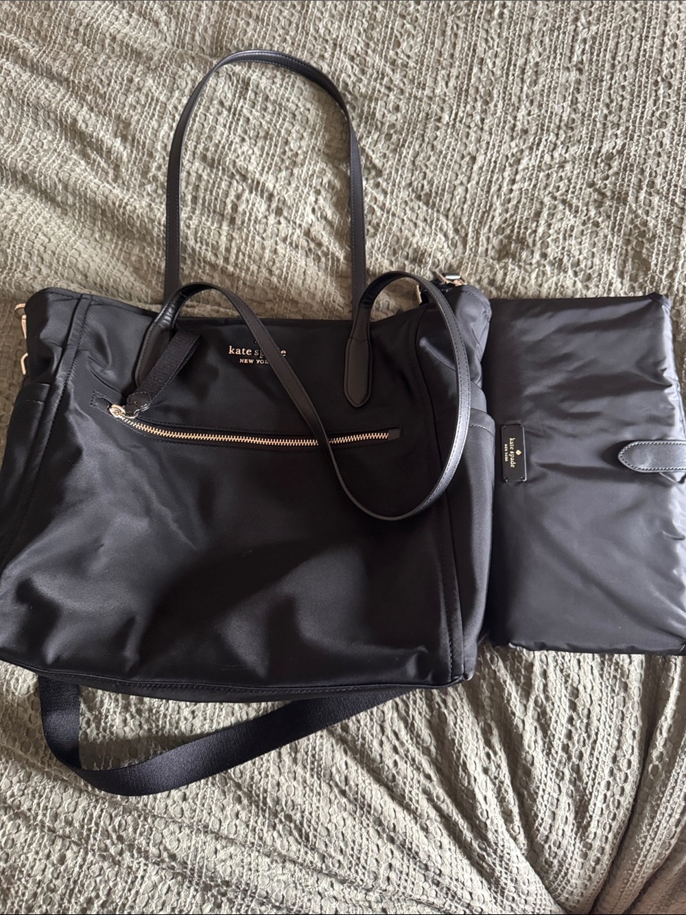 kate spade Black Nylon Diaper Tote with Gold Hardware and Matching Changing Pad